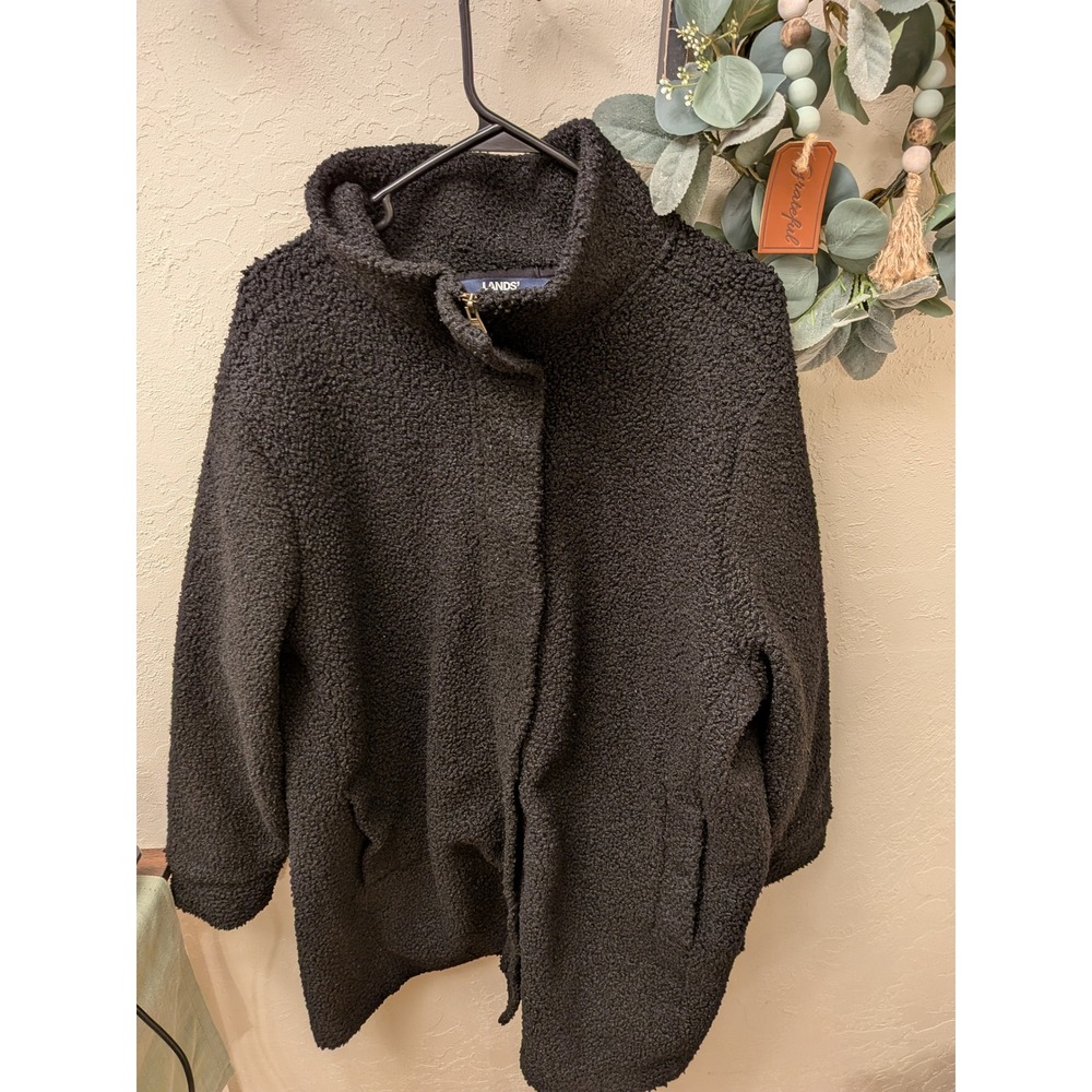 Lands End Womens Black Sherpa Fleece Jacket Full Zip Funnel Neck Teddy Coat 2x‎